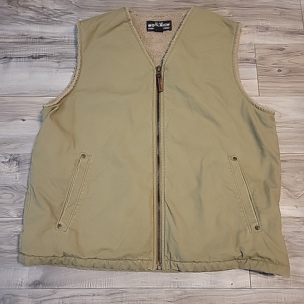 Woolrich Sherpa Lined Vest Mens Large Full Zip Canvas Workwear Dark Wheat Brown‎